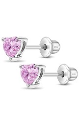 925 Sterling Silver 5mm Pink CZ Heart Hypoallergenic Screw Back October Birthstone Earrings for Toddlers and Young Girls
